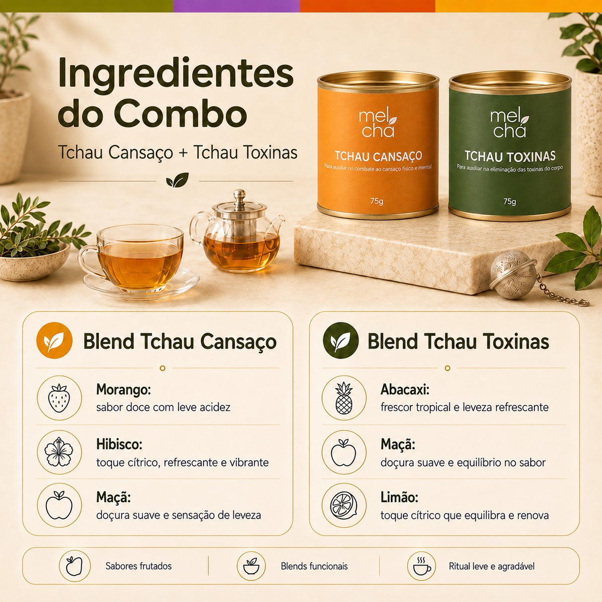 Kit Tchau Cansaço e Tchau Toxinas + Garrafa Infusora de Vidro Mel Chá