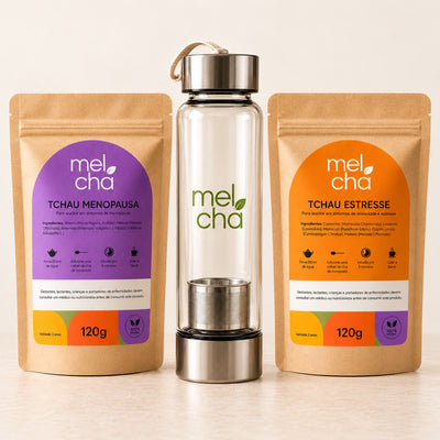 Kit Tchau Menopausa e Tchau Estresse + Garrafa Infusora de Vidro Personalizada