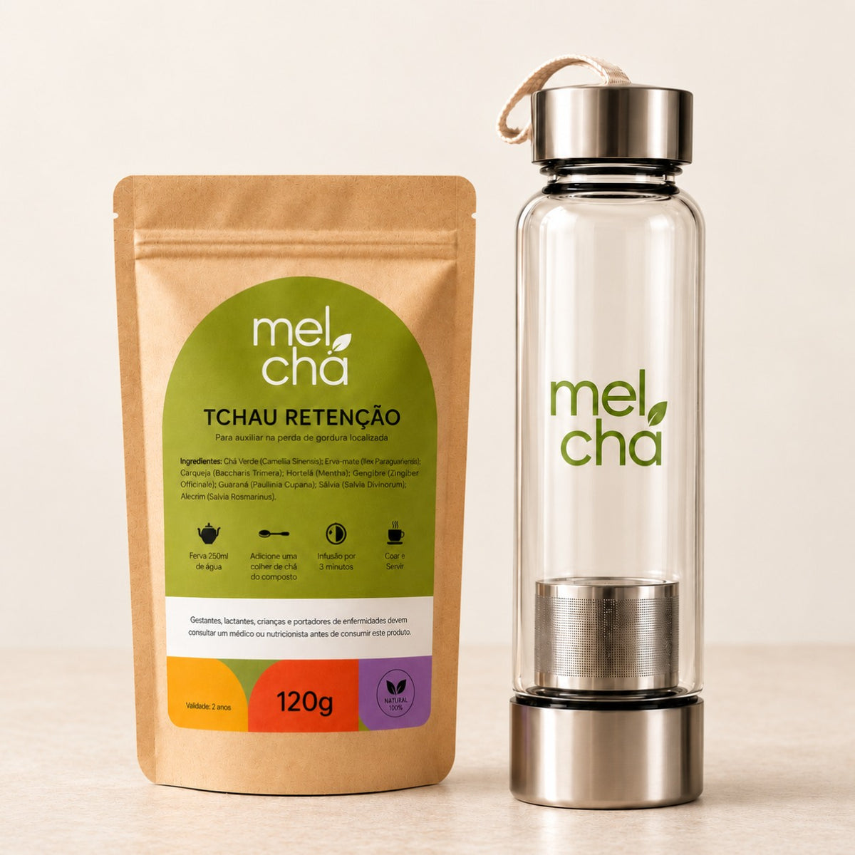 Kit Tchau Retenção + Garrafa Infusora de Vidro Mel Chá - Mais Leveza e Saúde