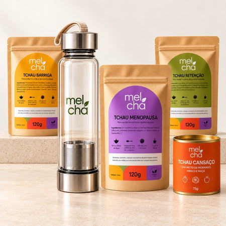 Kit Mulher Plena - 4 Chás para o Bem-Estar na Menopausa + Garrafa Infusora Mel Chá