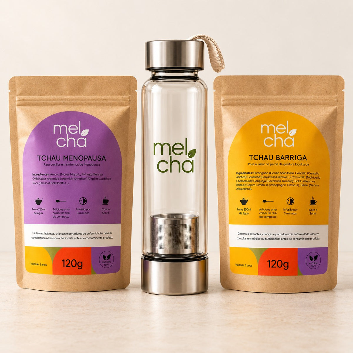 Kit Tchau Menopausa e Tchau Barriga + Garrafa Infusora de Vidro Mel Chá