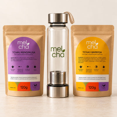 Kit Tchau Menopausa e Tchau Barriga + Garrafa Infusora de Vidro Mel Chá