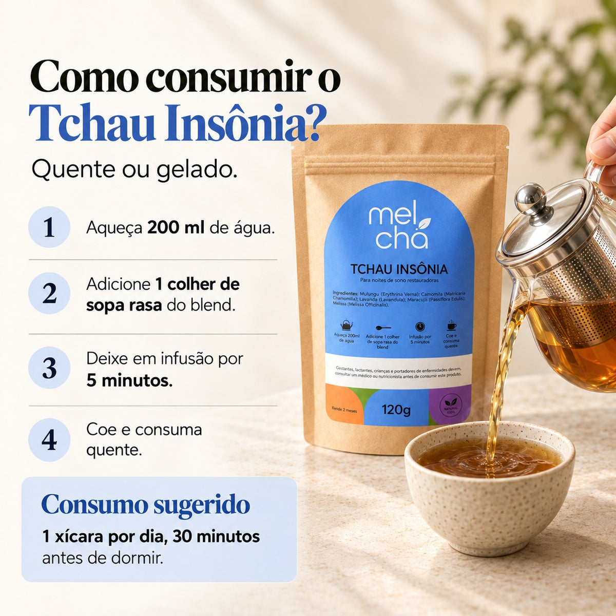 Kit Essencial – 6 Chás Premium + Garrafa Infusora de Vidro Mel Chá