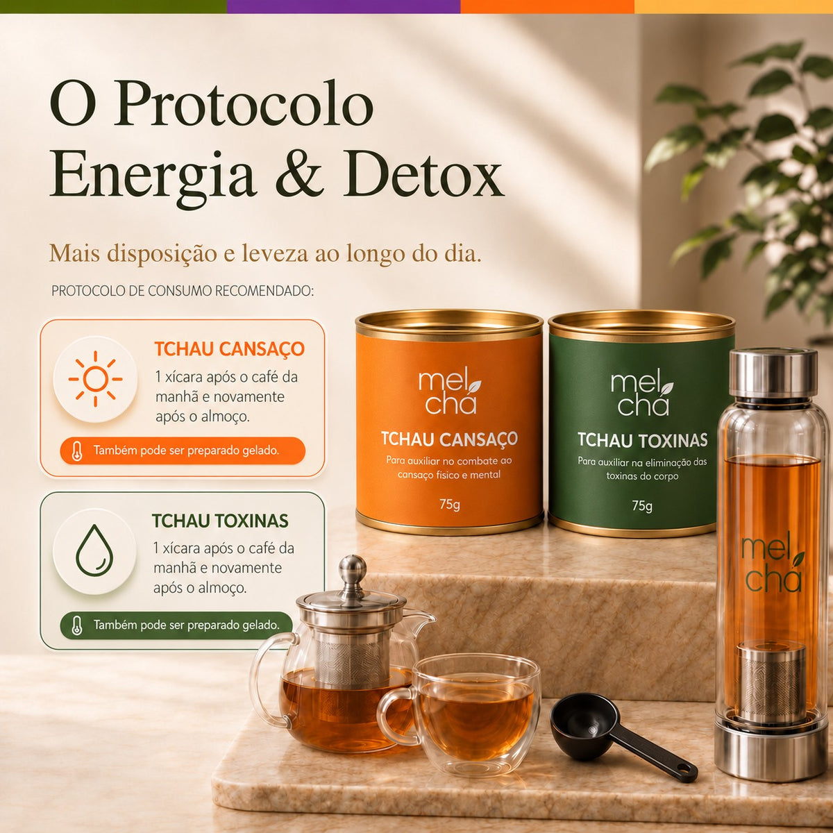 Kit Tchau Cansaço e Tchau Toxinas + Garrafa Infusora de Vidro Mel Chá