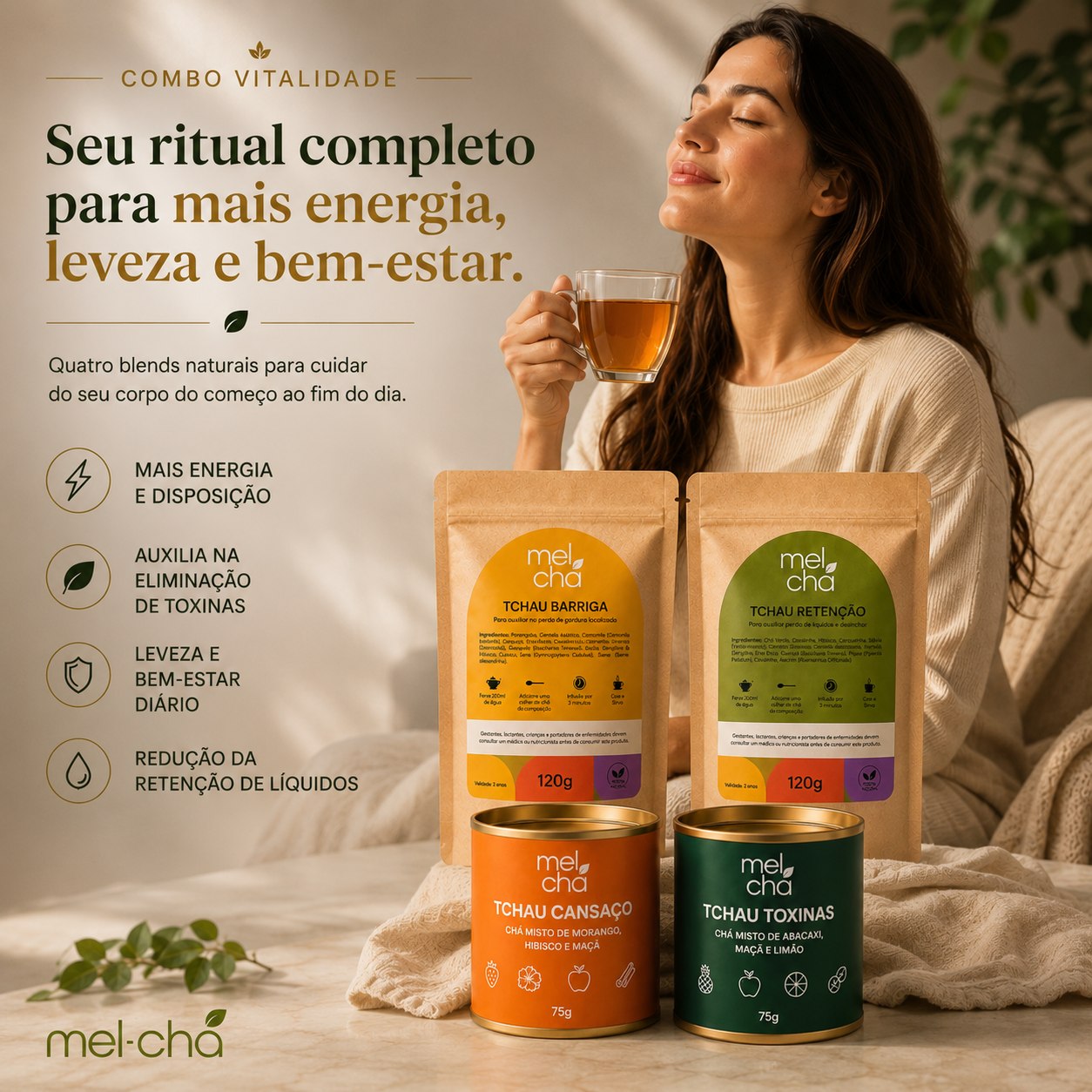 Kit Vitalidade - 4 Chás Premium + Garrafa Infusora Personalizada