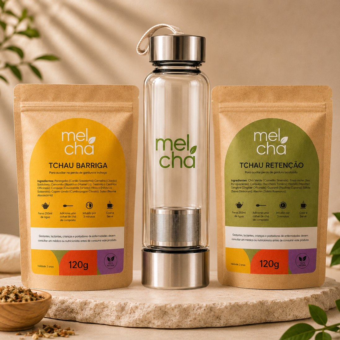 Kit Detox - Tchau Barriga + Tchau Retenção + Garrafa Infusora Personalizada