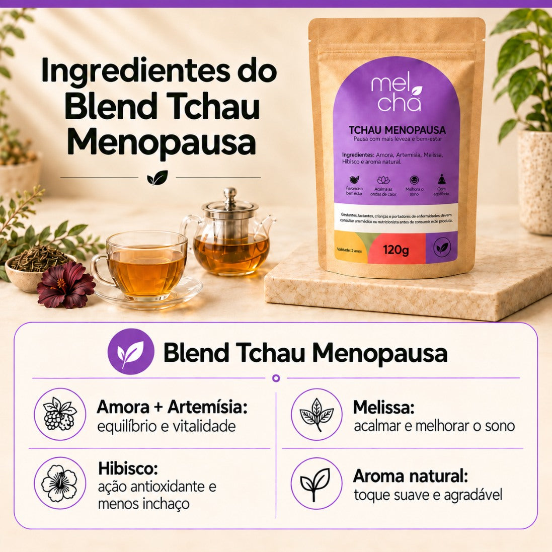 Kit Tchau Menopausa + Garrafa Infusora de Vidro Mel Chá - Cuidado Natural para o Equilíbrio Feminino