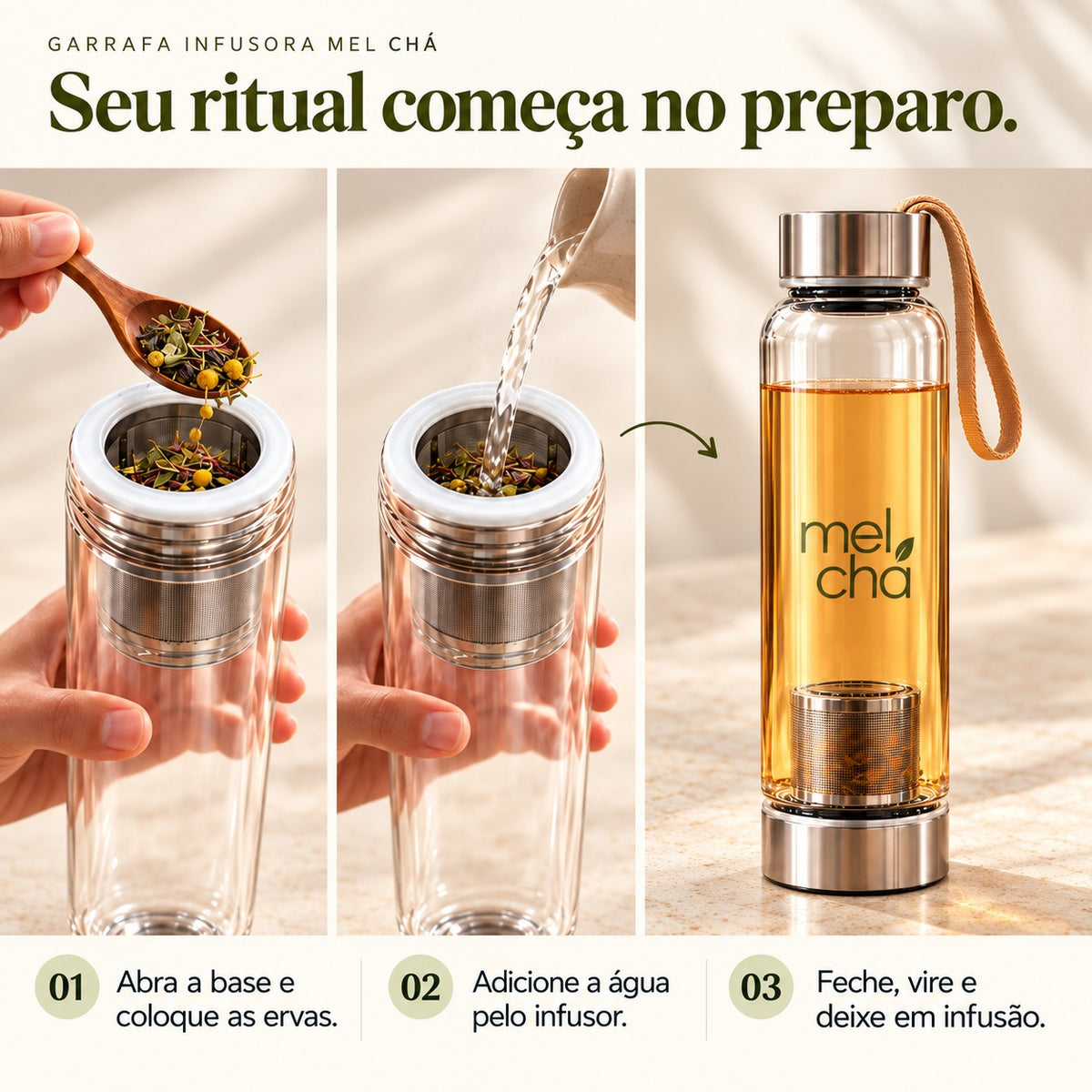 Kit Tchau Toxinas + Garrafa Infusora de Vidro Mel Chá - Sabor envolvente com efeito detox para o seu dia