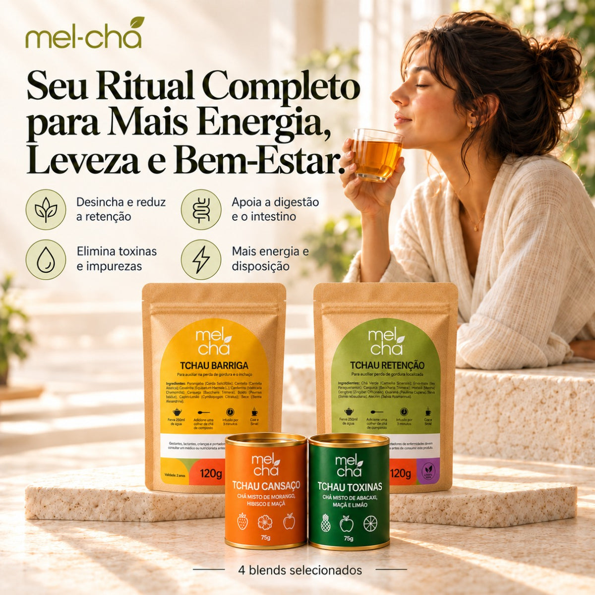 Combo Vitalidade – 4 Chás Premium para Desinchar, Mais Energia e Bem-Estar