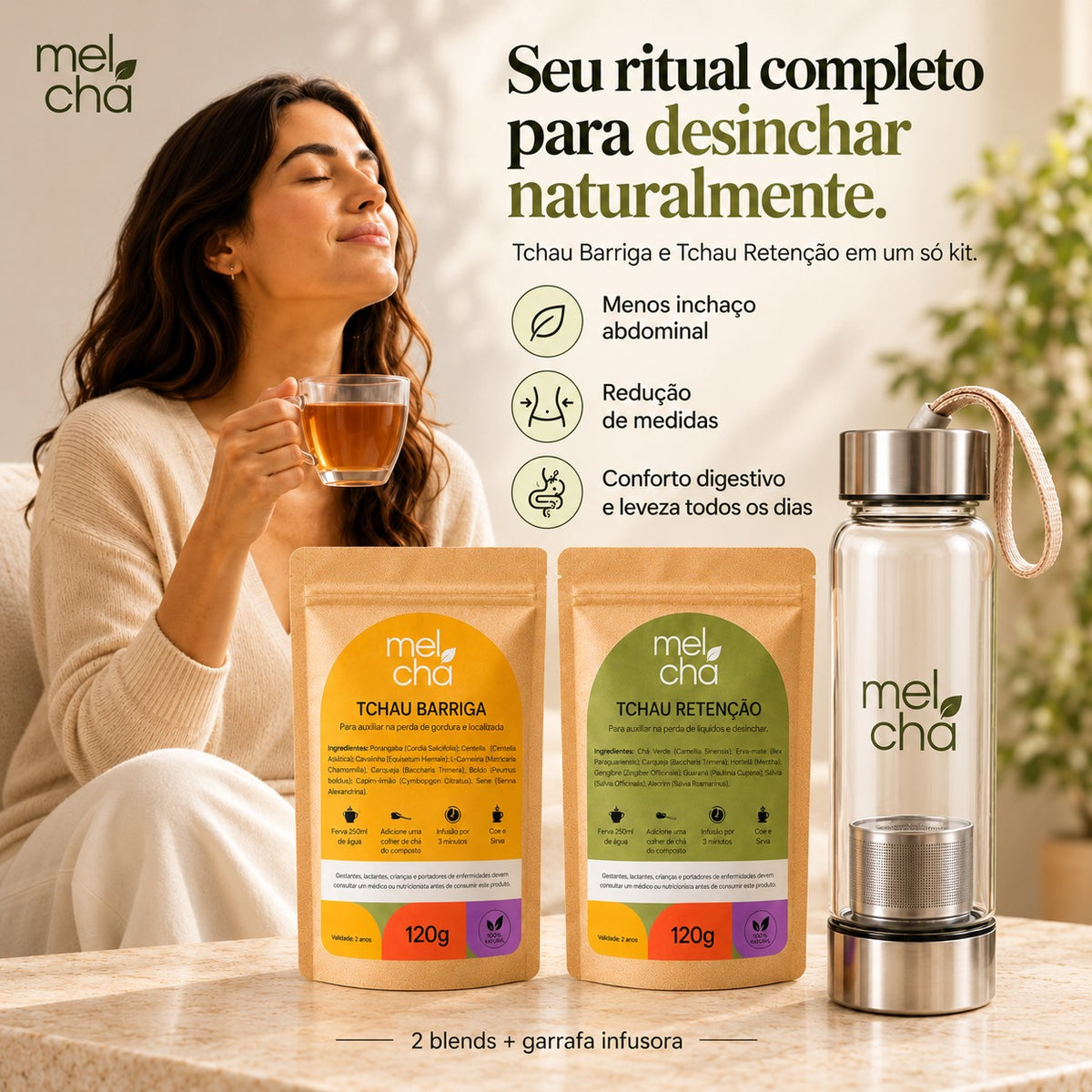 Kit Detox Completo - Tchau Barriga + Tchau Retenção + Garrafa Infusora de Vidro Mel Chá