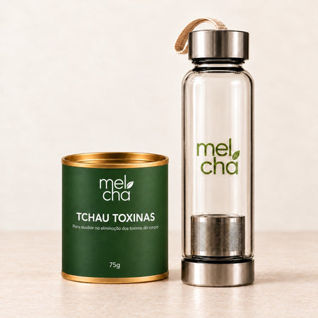Kit Tchau Toxinas + Garrafa Infusora de Vidro Mel Chá - Sabor envolvente com efeito detox para o seu dia