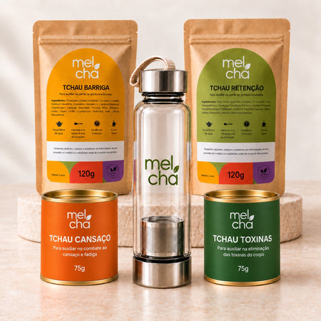 Kit Vitalidade - 4 Chás Premium + Garrafa Infusora de Vidro Mel Chá