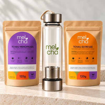 Kit Tchau Menopausa e Tchau Estresse + Garrafa Infusora de Vidro Personalizada