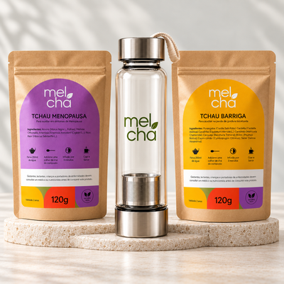 Kit Tchau Menopausa e Tchau Barriga + Garrafa Infusora de Vidro Mel Chá