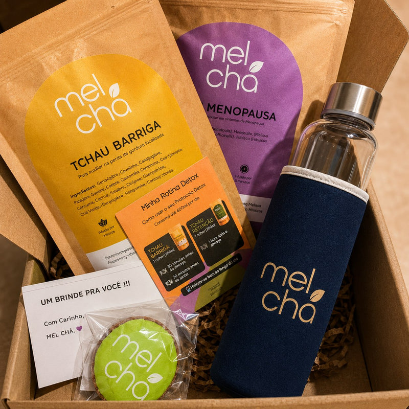 Pedido Mel Chá com O Tchau Barriga, O Tchau Menopausa e garrafa infusora.