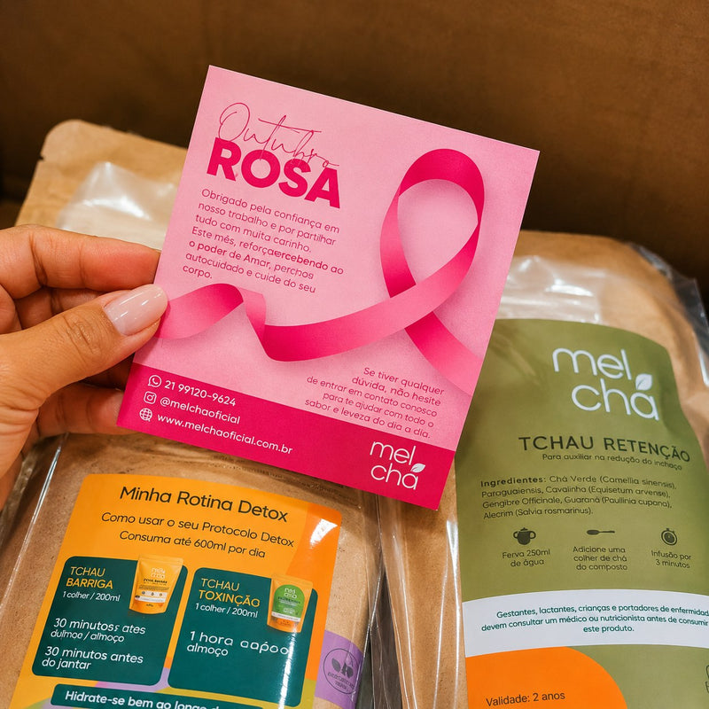 Cartão de Outubro Rosa em um pedido Mel Chá com O Tchau Retenção.