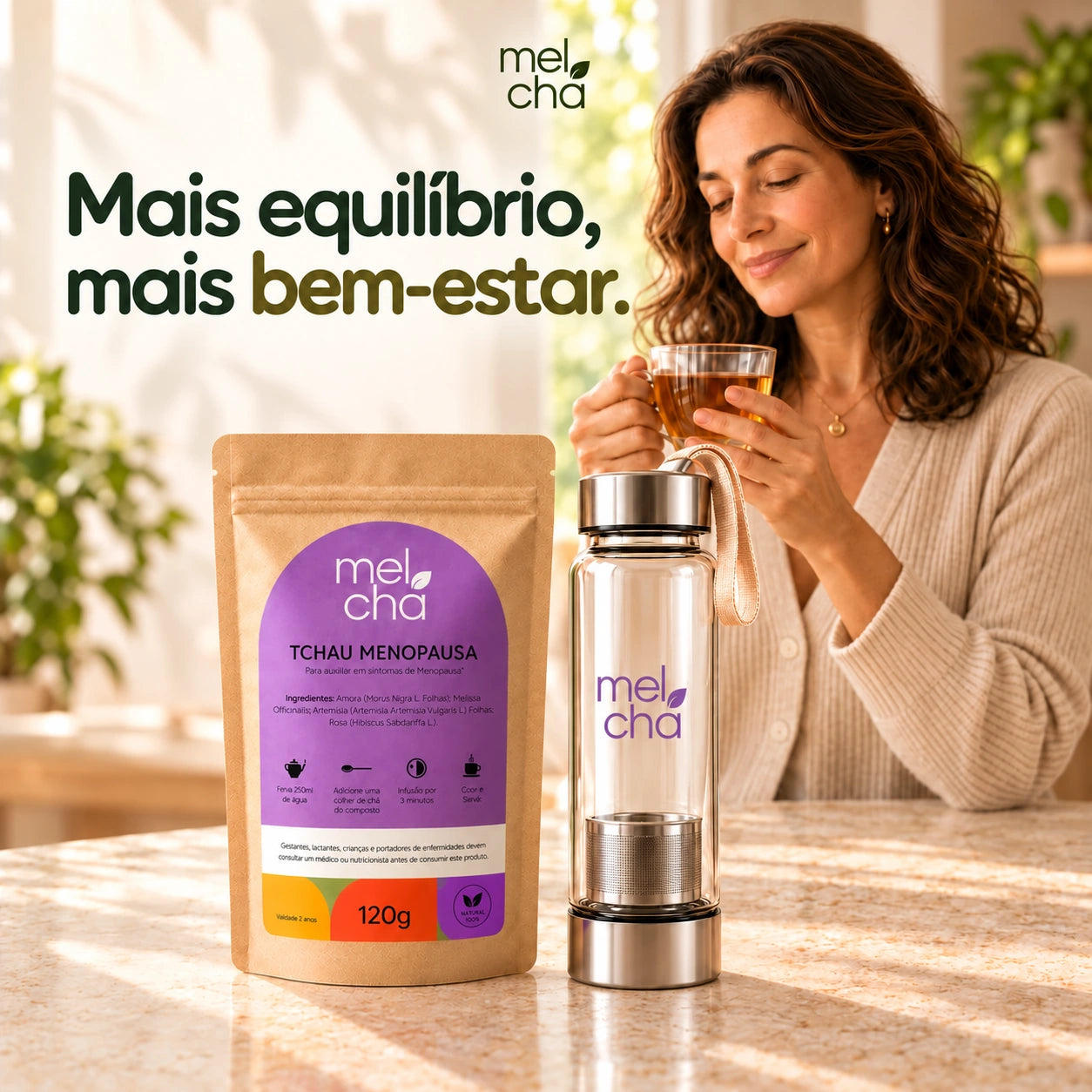 Kit Tchau Menopausa + Garrafa Infusora Mel Chá. Mais equilíbrio, mais bem-estar.