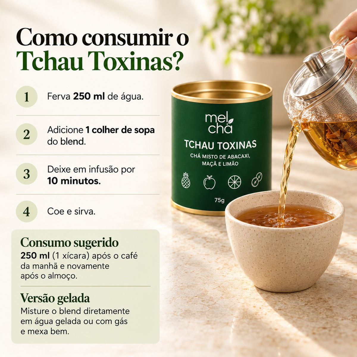 Kit Tchau Toxinas + Garrafa Infusora de Vidro Mel Chá - Sabor envolvente com efeito detox para o seu dia