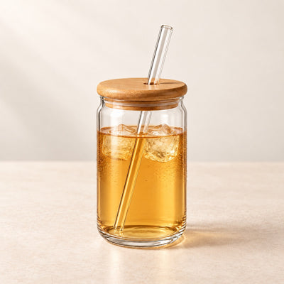 Copo de Vidro 500ml com Canudo e Tampa de Bambu