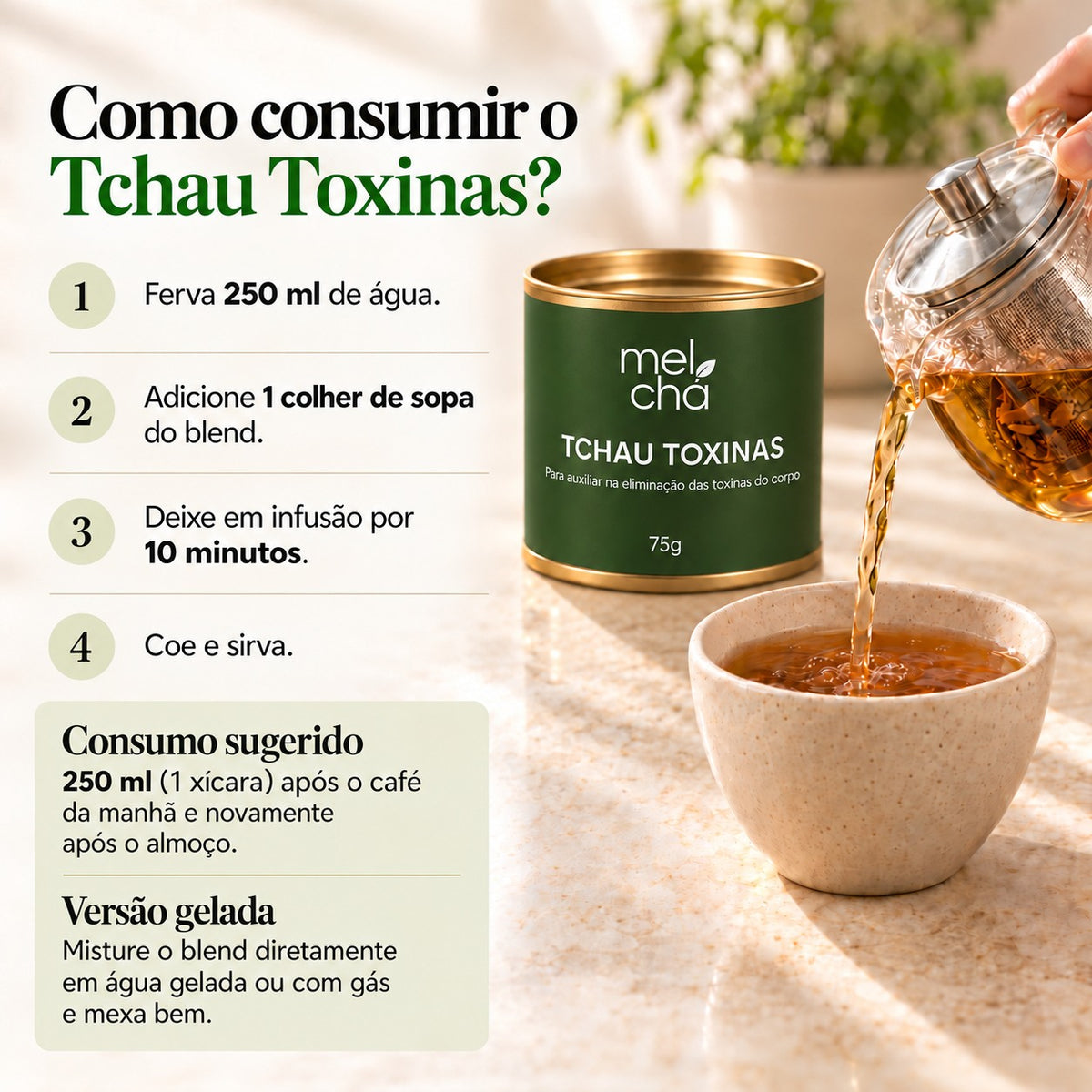 Kit Vitalidade - 4 Chás Premium + Garrafa Infusora de Vidro Mel Chá