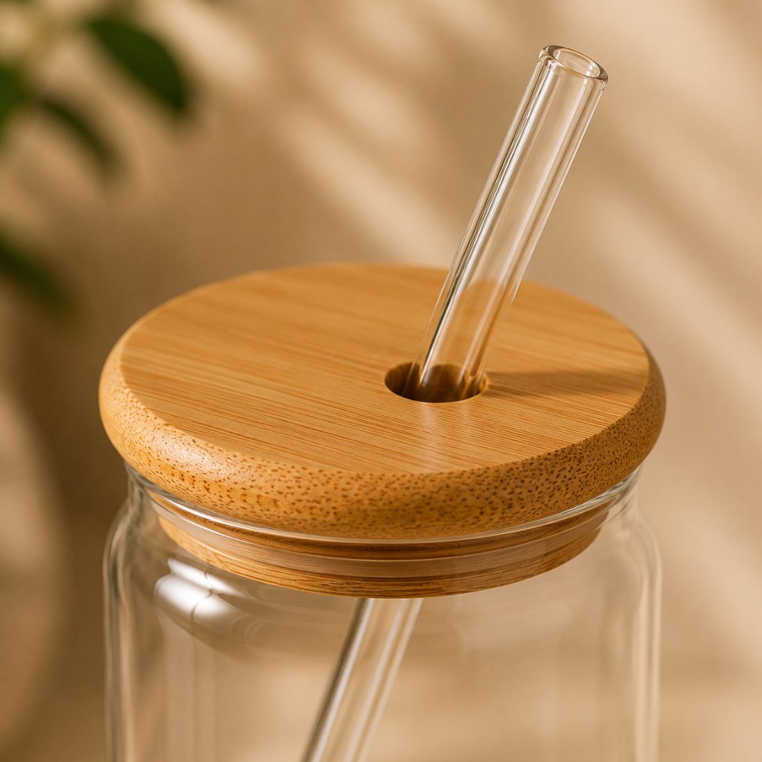 Copo de Vidro 500ml com Canudo e Tampa de Bambu
