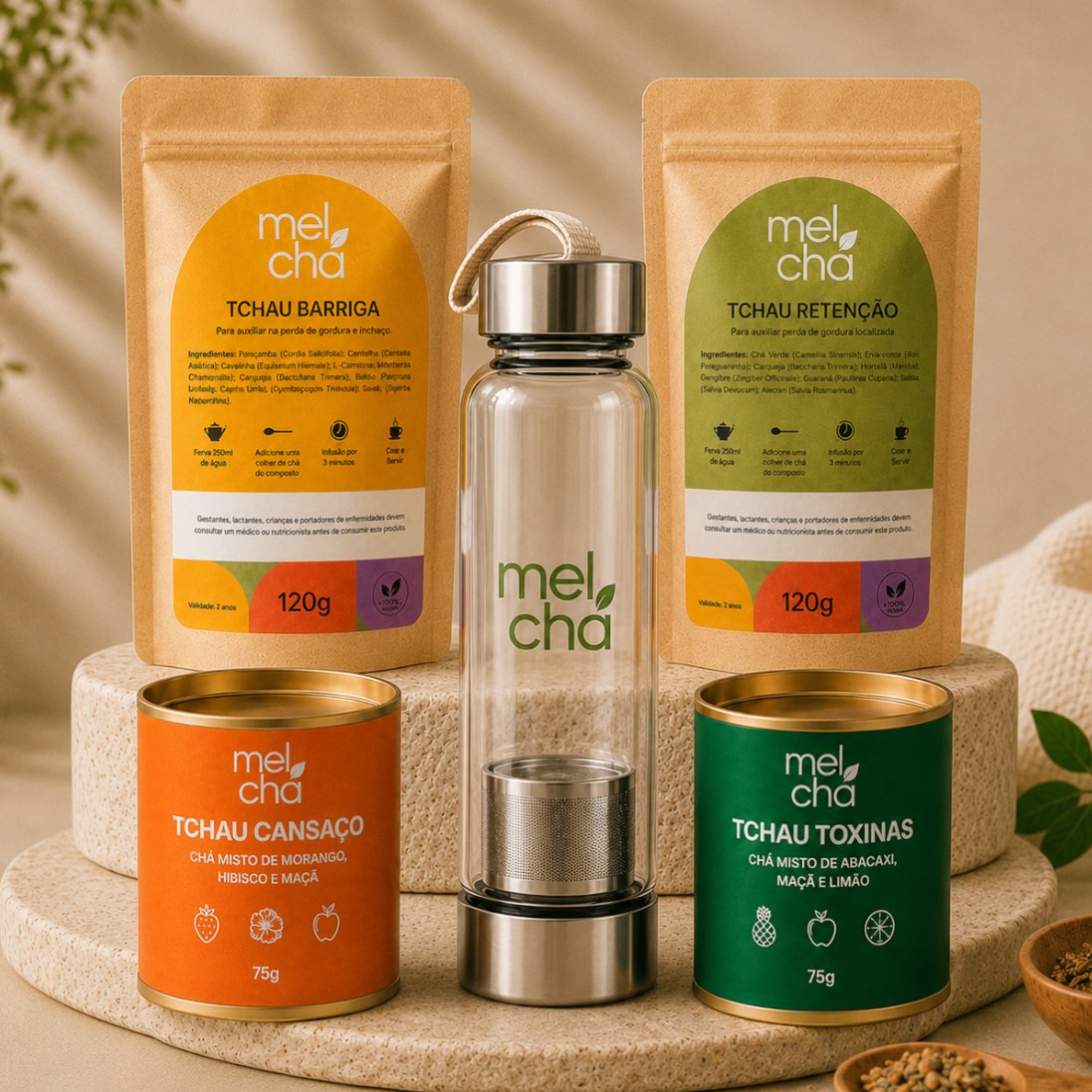 Kit Vitalidade - 4 Chás Premium + Garrafa Infusora Personalizada