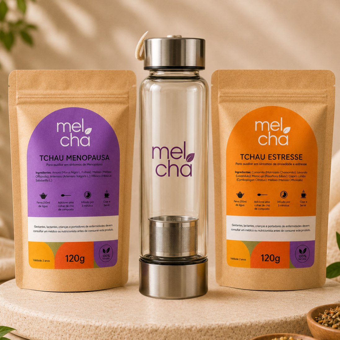 Kit Tchau Menopausa e Tchau Estresse + Garrafa Infusora Personalizada