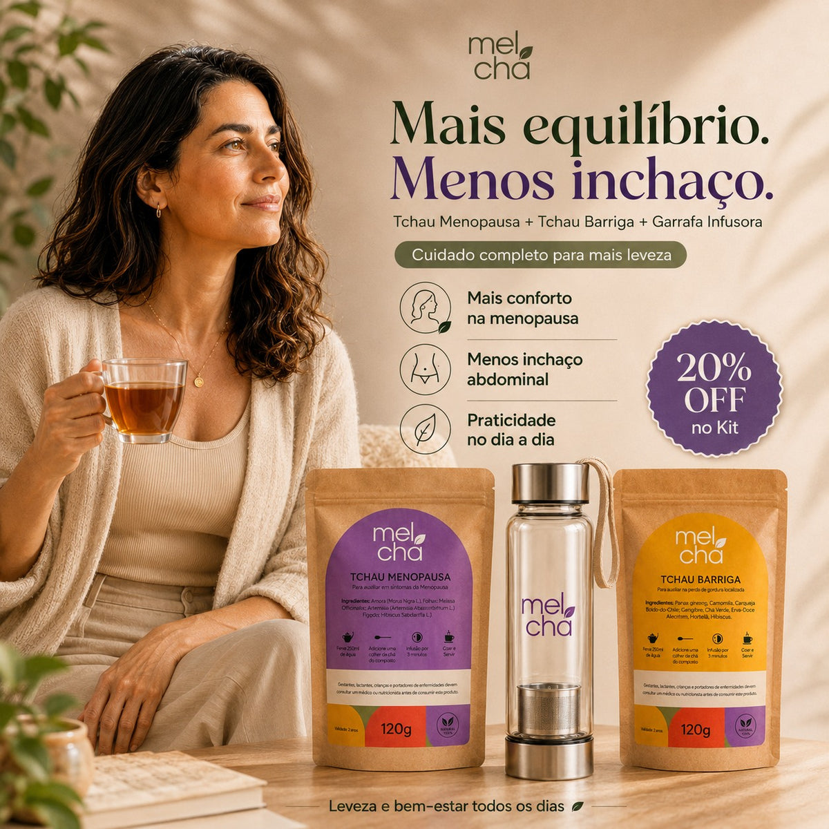 Kit Tchau Menopausa e Tchau Barriga + Garrafa Infusora de Vidro Mel Chá