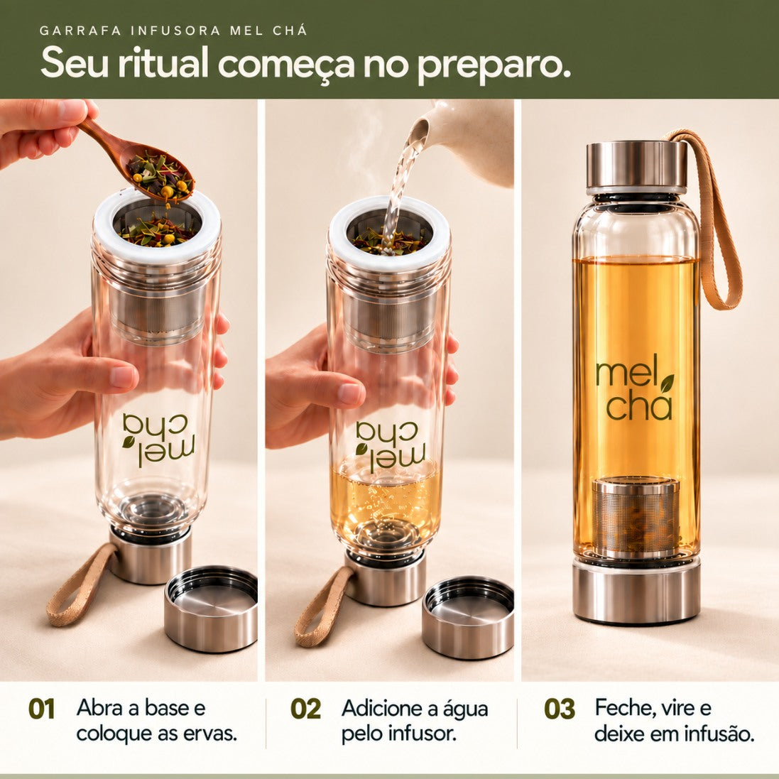 Garrafa de Vidro com Infusor Inox Personalizada Mel Chá
