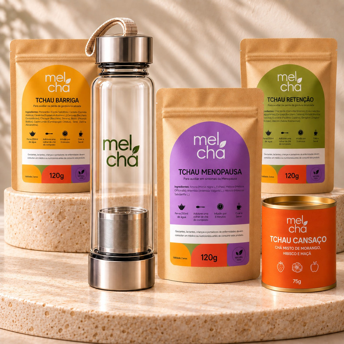 Kit Mulher Plena - 4 Chás para o Bem-Estar na Menopausa + Garrafa Infusora Mel Chá