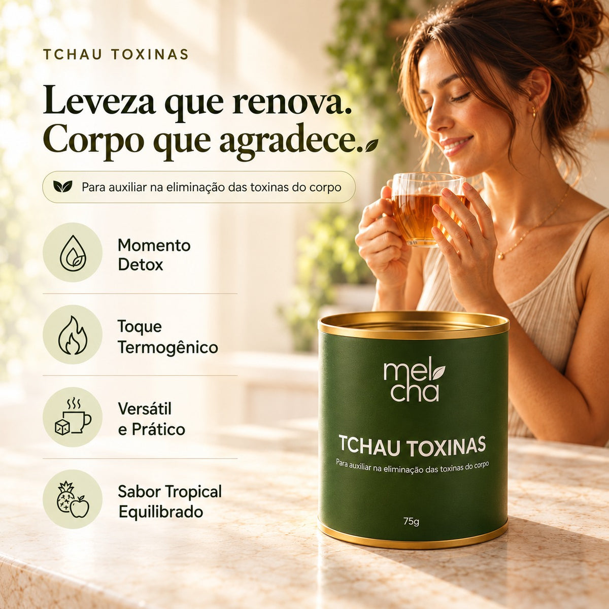 Kit Tchau Toxinas + Garrafa Infusora de Vidro Mel Chá - Sabor envolvente com efeito detox para o seu dia