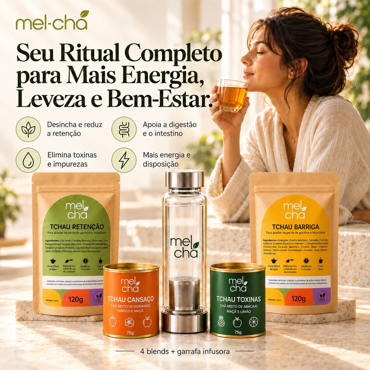 Kit Vitalidade - 4 Chás Premium + Garrafa Infusora de Vidro Mel Chá