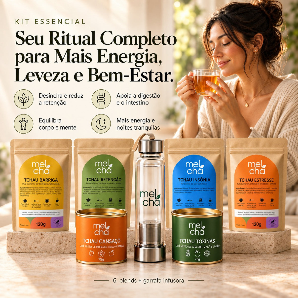 Kit Essencial – 6 Chás Premium + Garrafa Infusora de Vidro Mel Chá