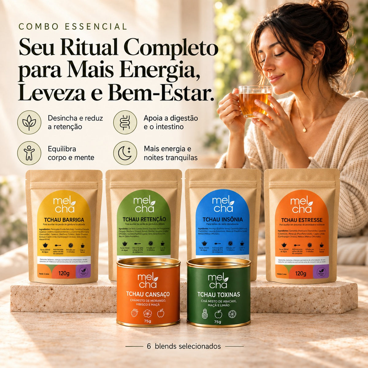 Combo Essencial Mel Chá – 6 Chás Premium para Todos os Momentos