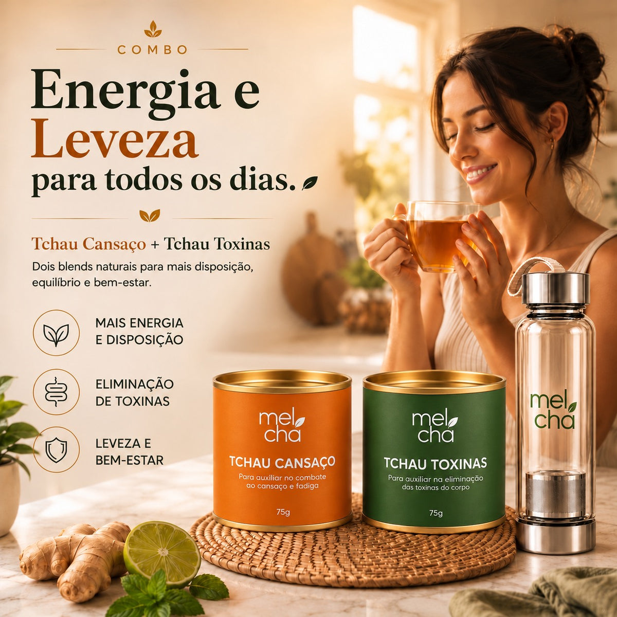 Kit Tchau Cansaço e Tchau Toxinas + Garrafa Infusora de Vidro Mel Chá