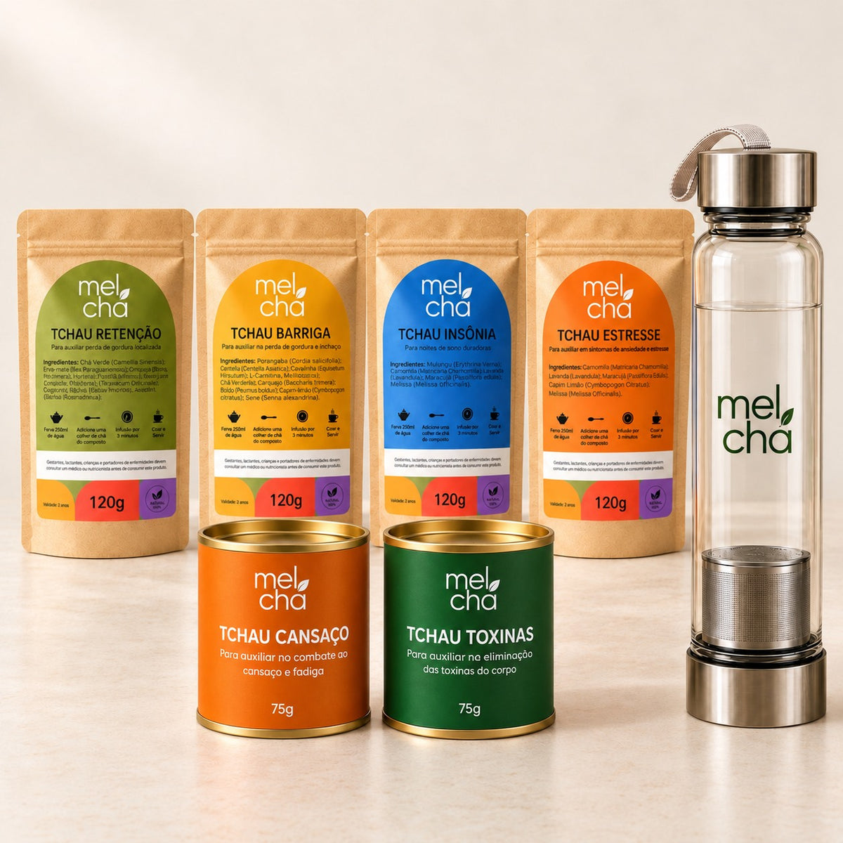 Kit Essencial – 6 Chás Premium + Garrafa Infusora de Vidro Mel Chá