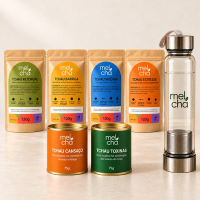 Kit Essencial – 6 Chás Premium + Garrafa Infusora de Vidro Mel Chá