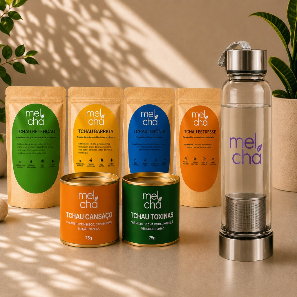 Kit Essencial Mel Chá – 6 Chás Premium + Garrafa Infusora Personalizada