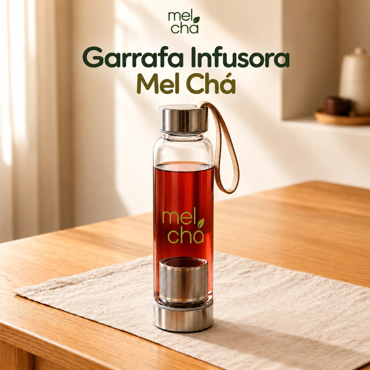 Garrafa de Vidro com Infusor Inox Personalizada Mel Chá