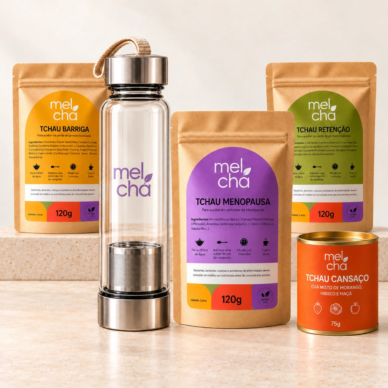 Kit Mulher Plena - 4 Chás para o Bem-Estar na Menopausa + Garrafa Infusora Mel Chá