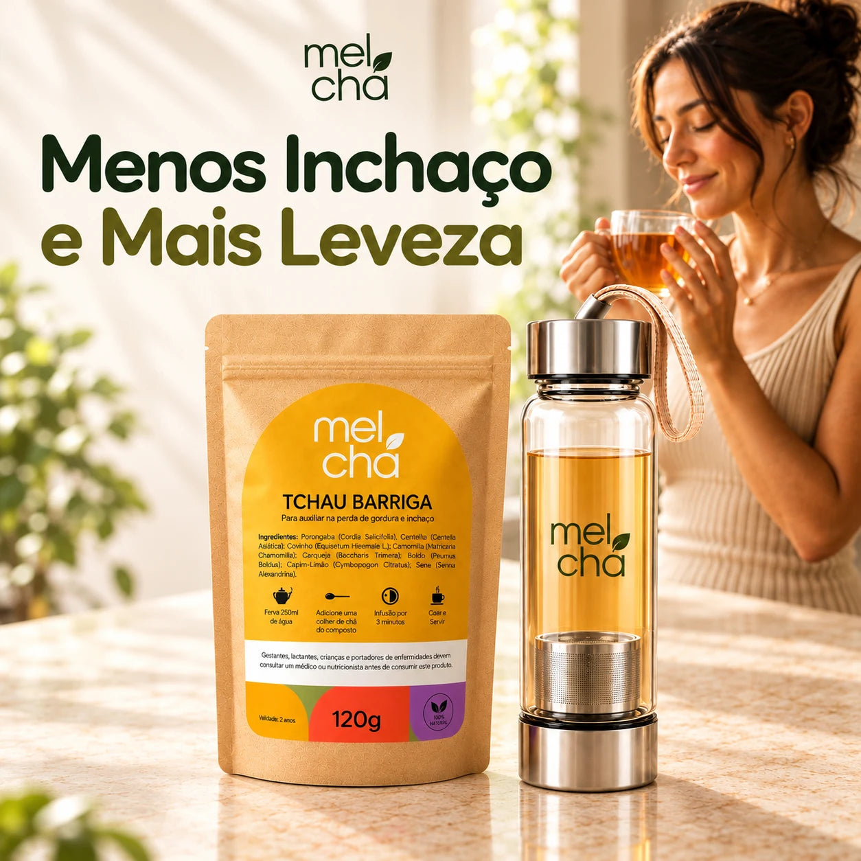 Kit Tchau Barriga + Garrafa Infusora Mel Chá. Menos Inchaço e Mais Leveza